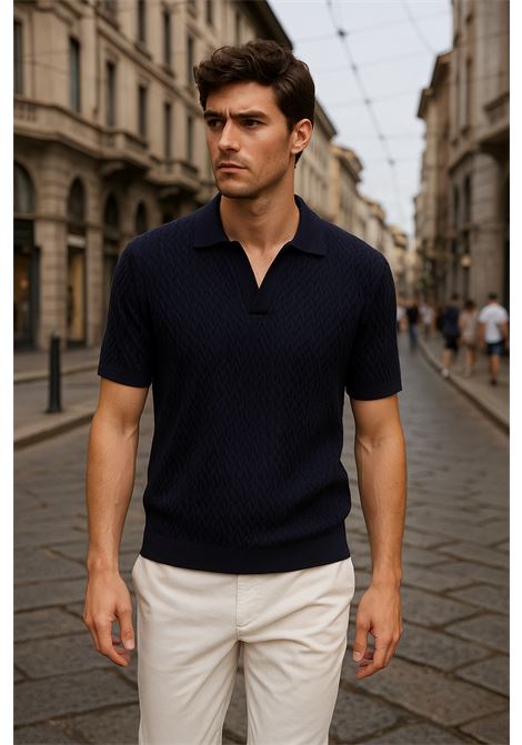 Men's blue textured knit polo shirt by Paolo Pecora Milano. A refined summer garment perfect for casual chic looks. PAOLO PECORA |  | A037 F3006685